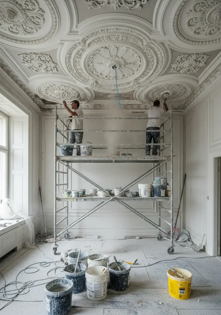 wide shot showing artisans standing on scaffolding repairing ornate plaster moldings 84328 Paradise, UT 8 wide shot showing artisans standing on scaffolding repairing ornate plaster moldings 84328 Paradise, UT 7